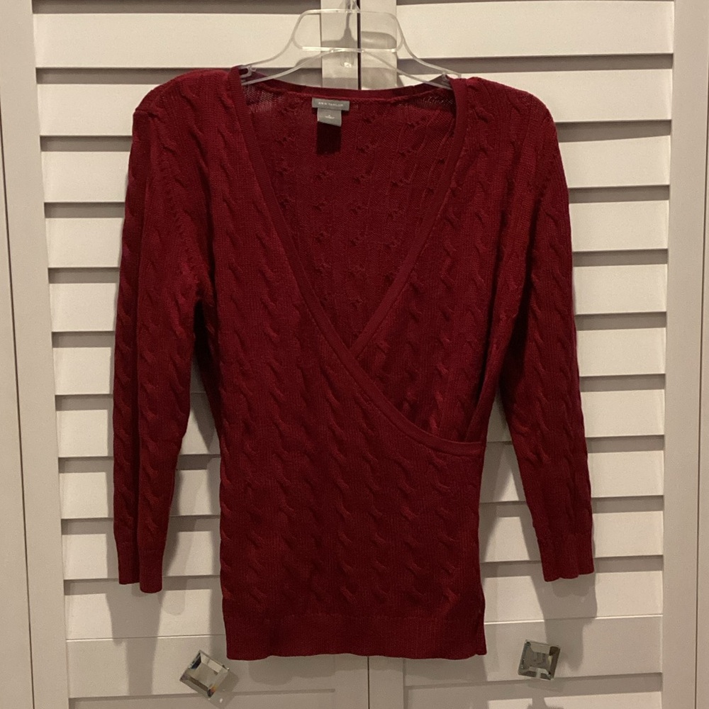 Ann Taylor Pre owned Red Cable-Knit V-Neck Wrap Sweater.